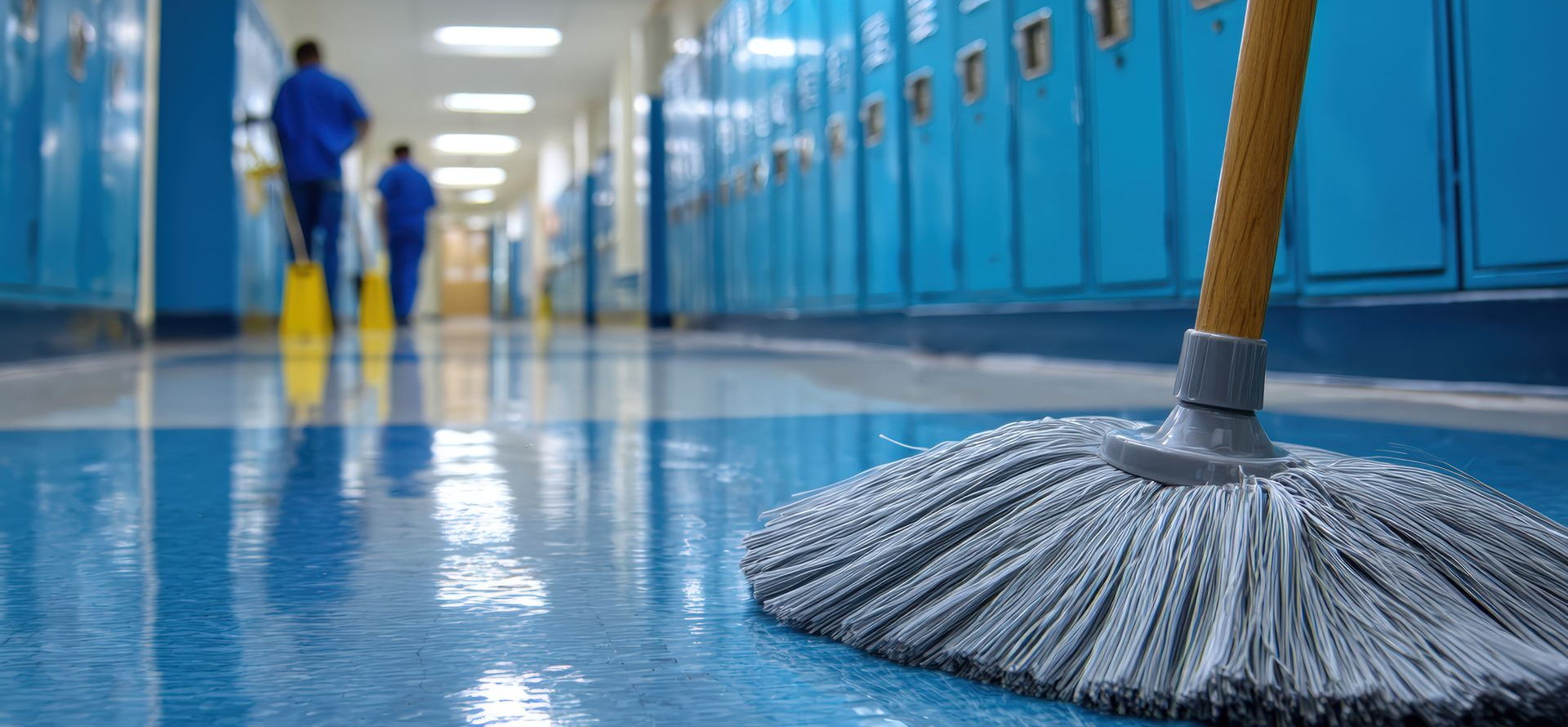 Un couloir bleu et un balai.