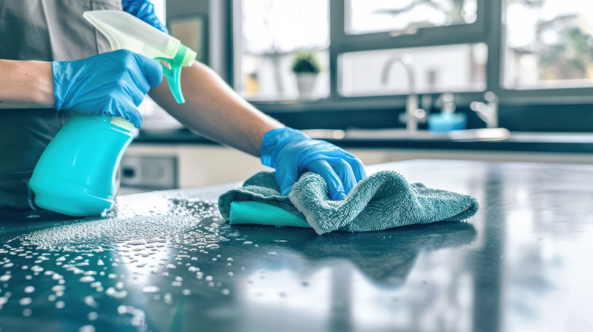 Un chiffon bleu sur une table brillante.