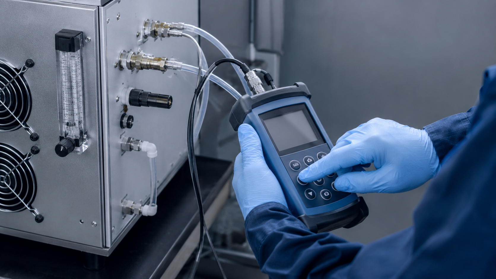 Técnico con guantes utilizando un medidor portátil para inspeccionar una máquina con cables conectados.