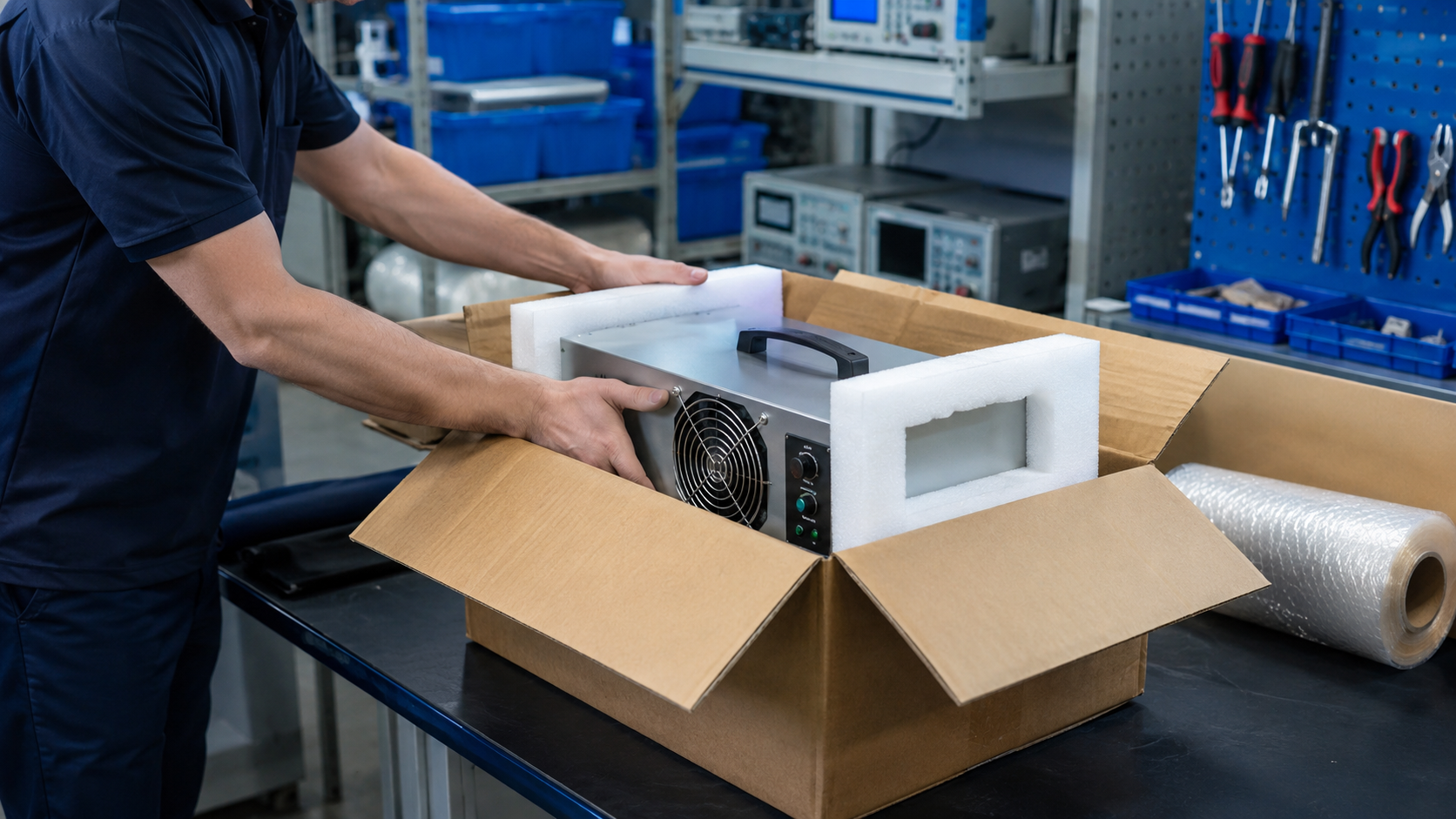 Un trabajador empaqueta un componente electrónico metálico en una caja sobre un banco de trabajo de una fábrica.