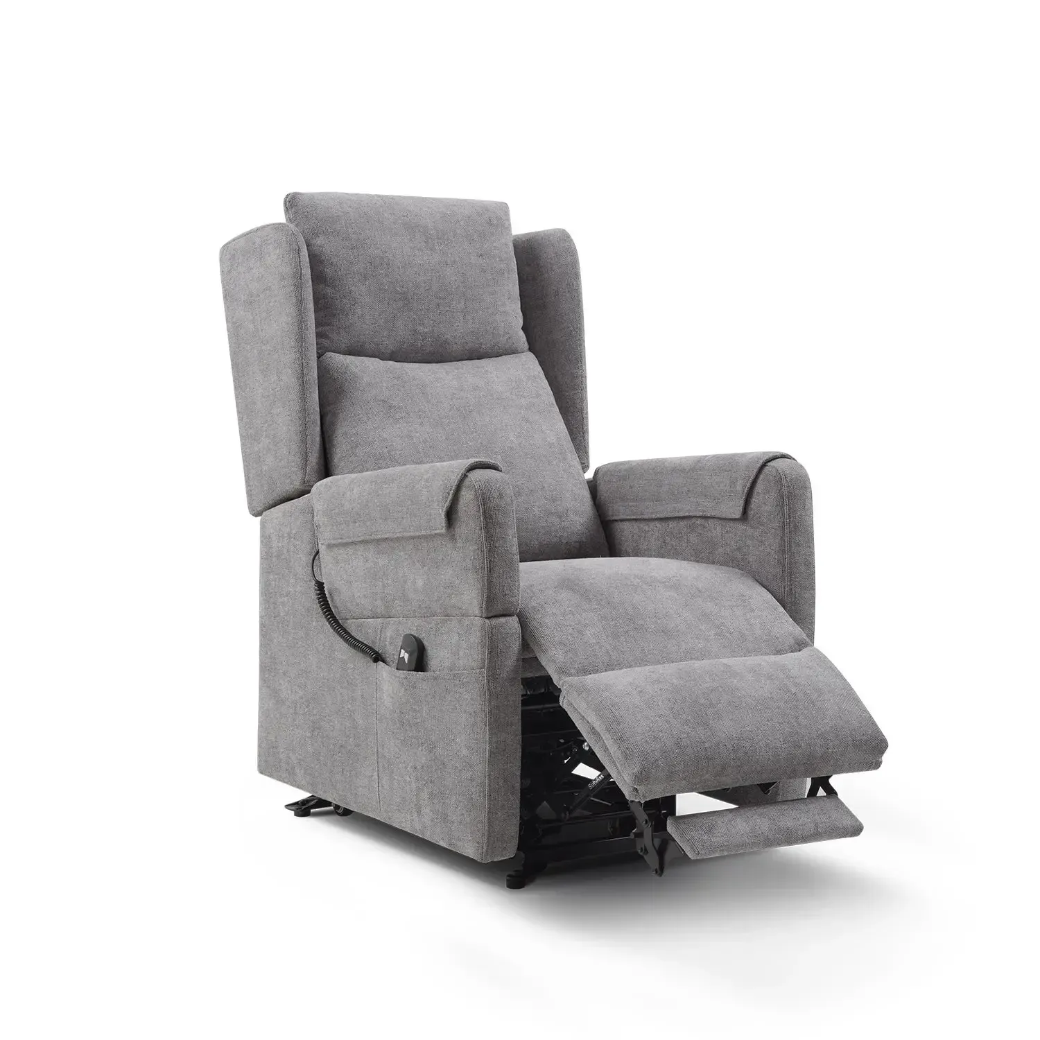 Sillón reclinable gris con reposabrazos y reposapiés acolchados, mostrado sobre un fondo blanco.