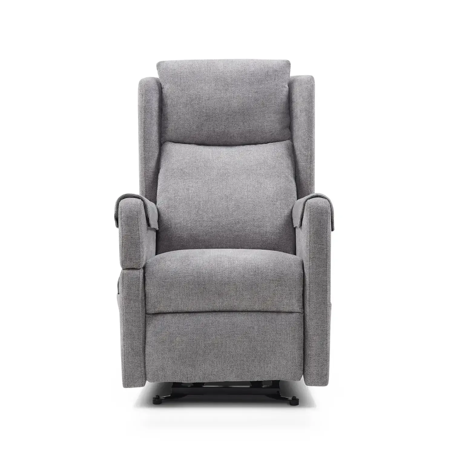 Sillón reclinable tapizado en gris con respaldo alto y reposabrazos acolchados sobre fondo blanco.