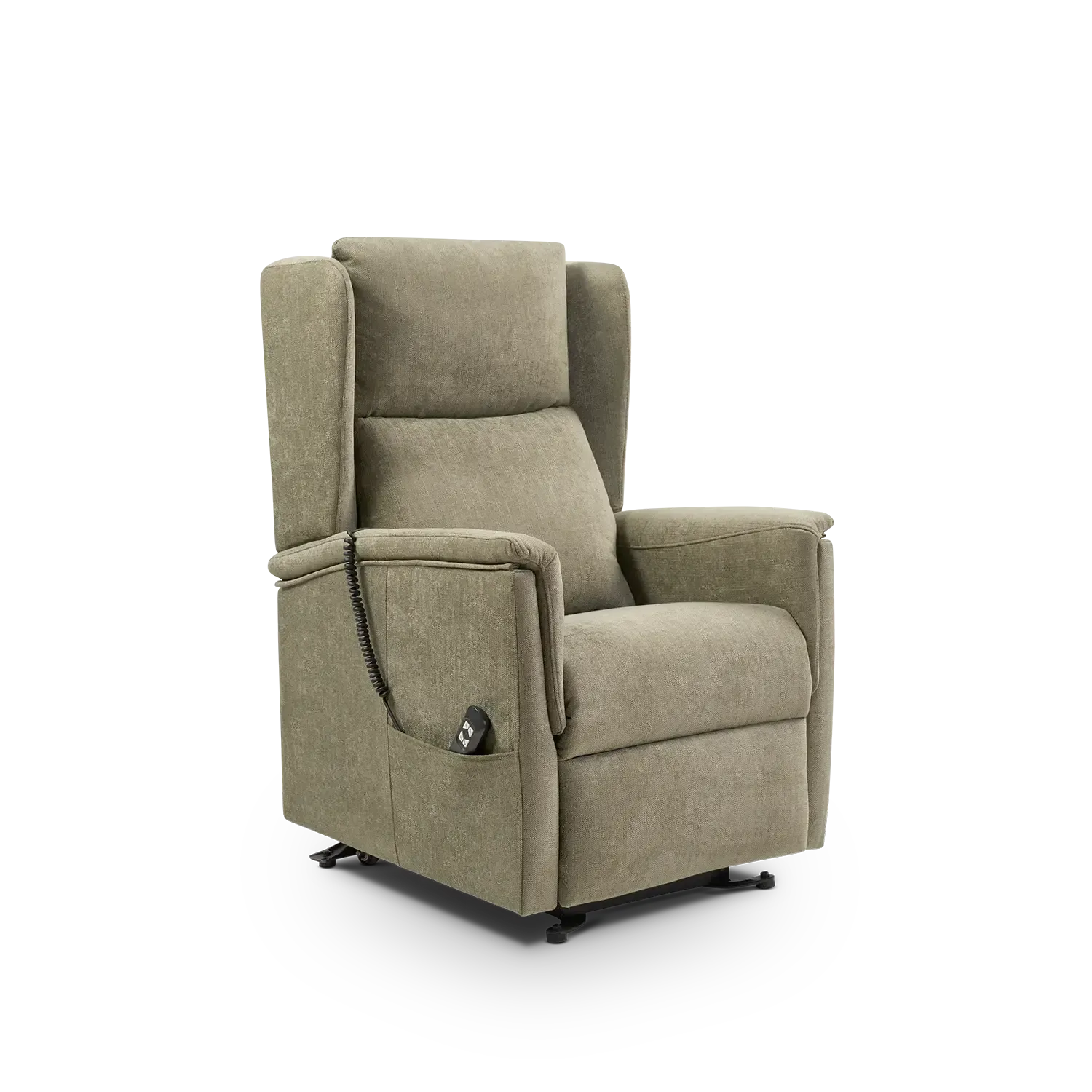 Sillón reclinable beige con respaldo alto, brazos acolchados y botón de control lateral sobre fondo blanco.