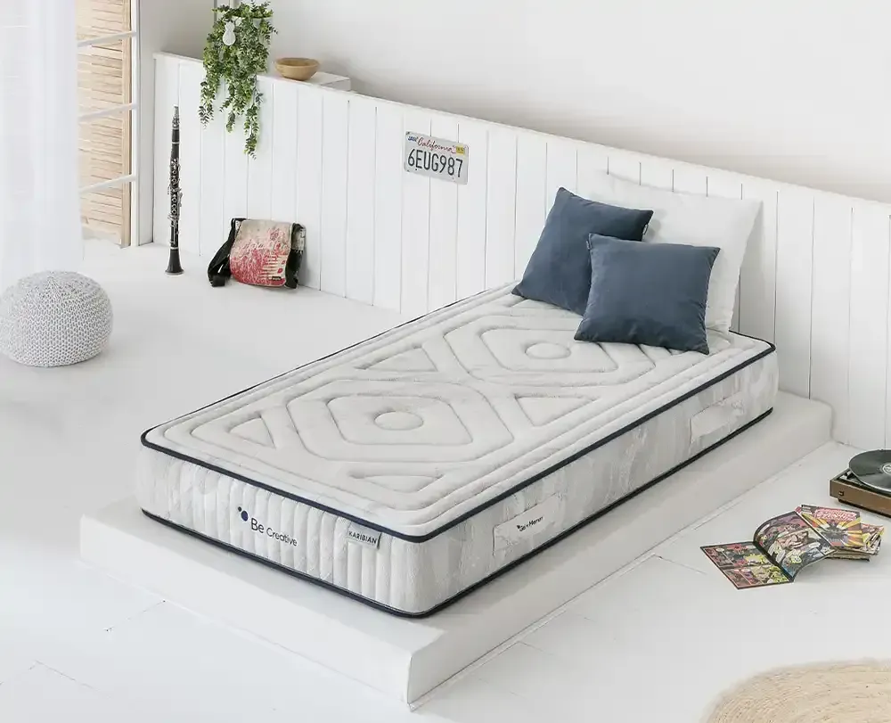 Dormitorio minimalista blanco con una cama baja, colchón gris y almohadas azules, además de una planta y cojines.
