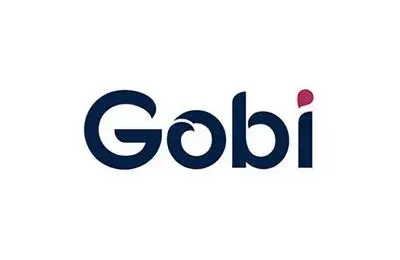 Logotipo de Gobi en azul oscuro con un punto rojo sobre fondo blanco.