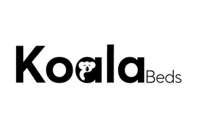 Logotipo de Koala Beds con texto negro y la cara de un koala en la letra 