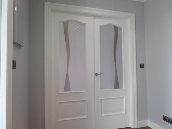 Un par de puertas blancas con vidrio transparente en una habitación.