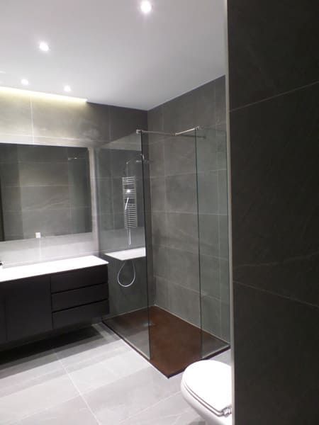 Un baño con ducha, lavabo, inodoro y espejo.