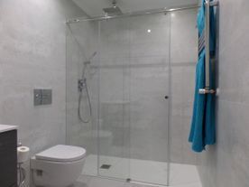 Un baño con inodoro y ducha con puerta de cristal.