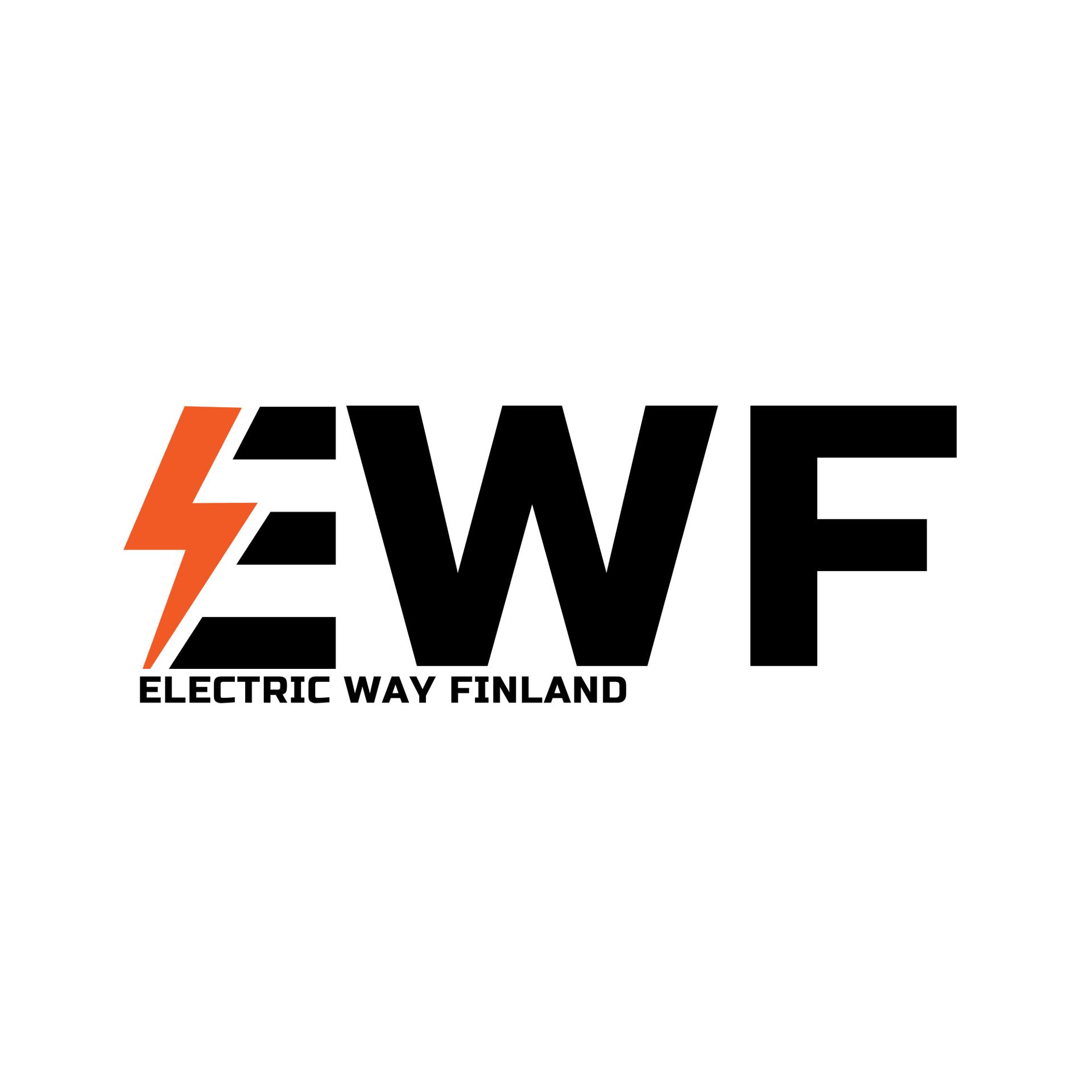 Electric Way Finland -logo, jossa on oranssi salama ja musta EWF-teksti