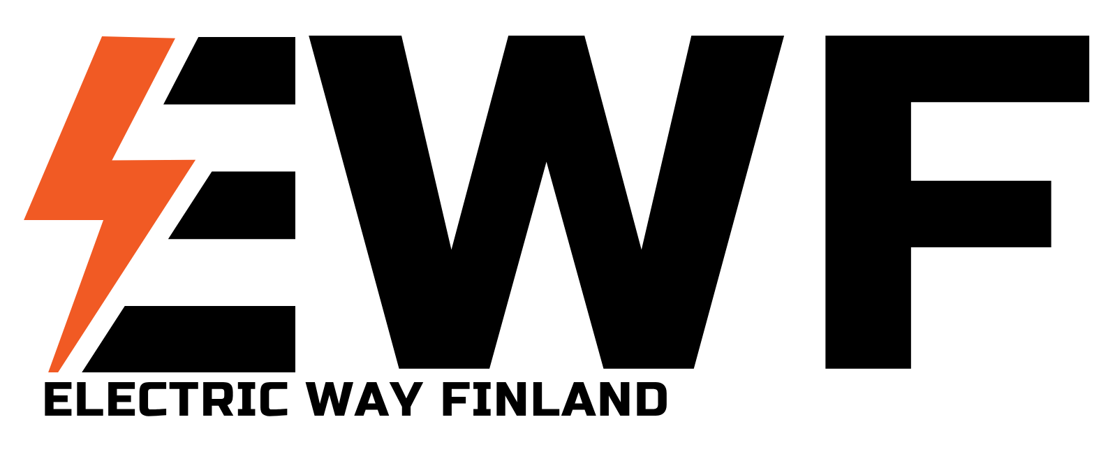 EWF-logo, jossa on oranssi salama ja paksut mustat kirjaimet, alla teksti ”Electric Way Finland”