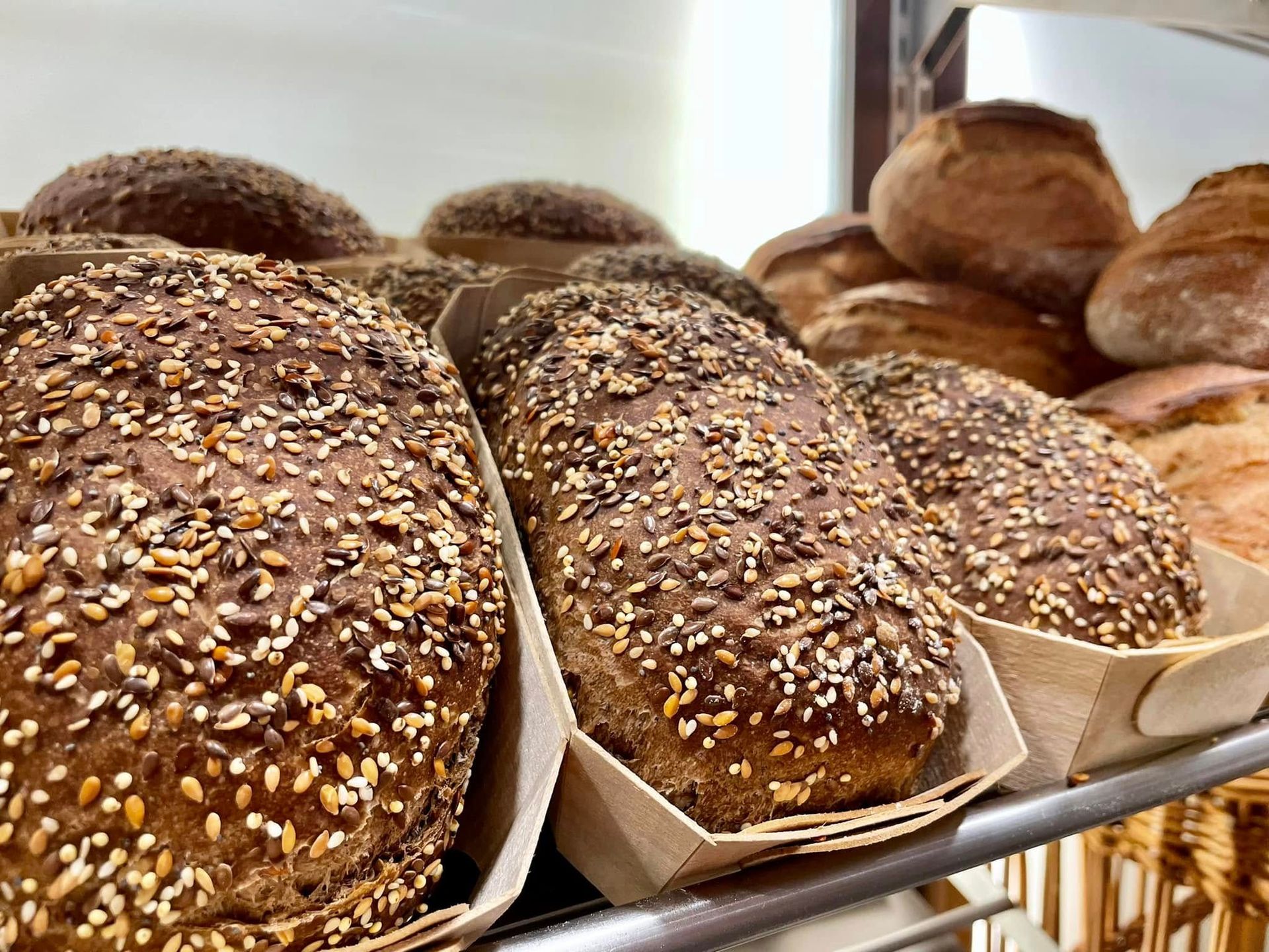 Des miches de pain aux graines assorties, présentées sur des barquettes dans une boulangerie.