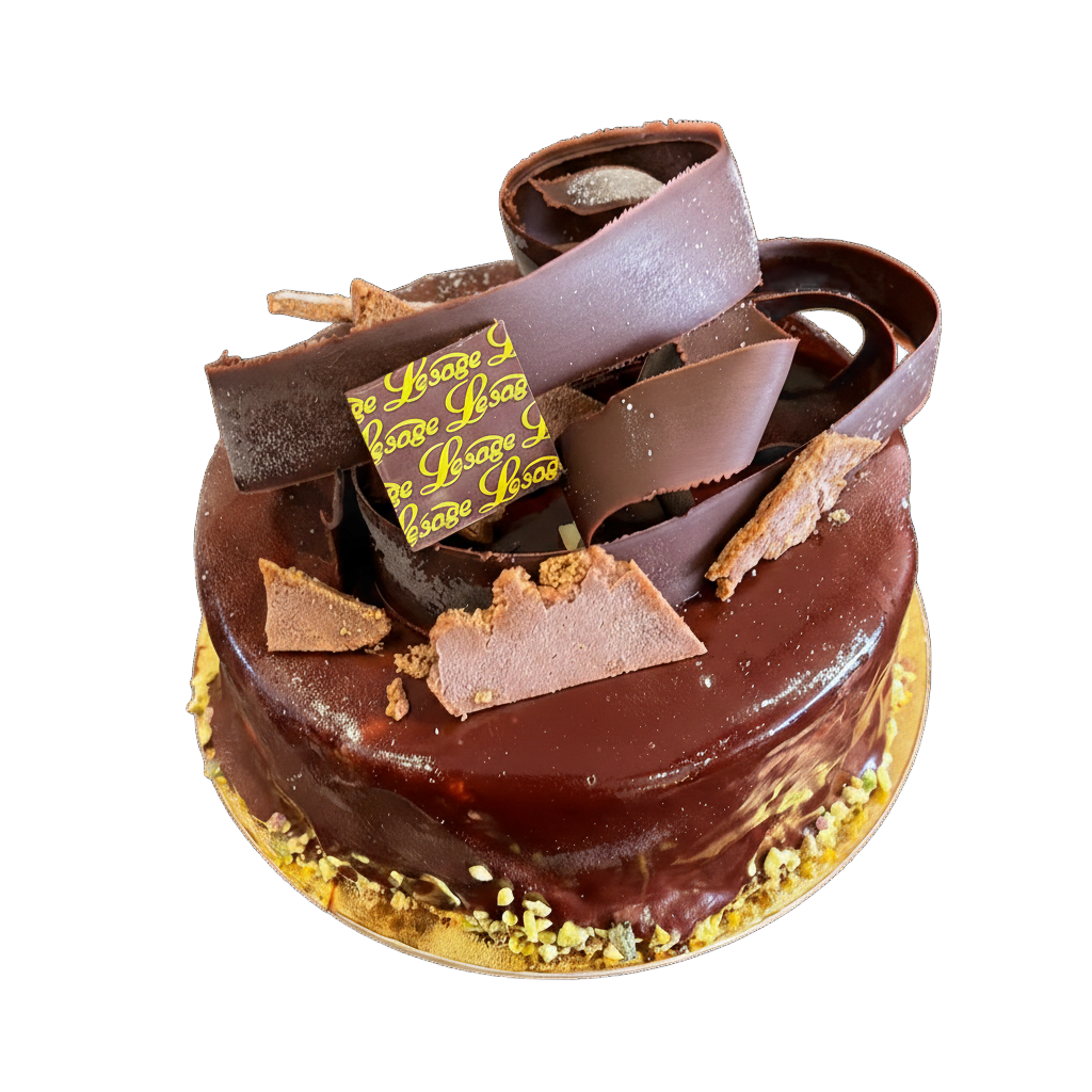 Gâteau rond glacé au chocolat, garni de copeaux et d'éclats de chocolat noir.