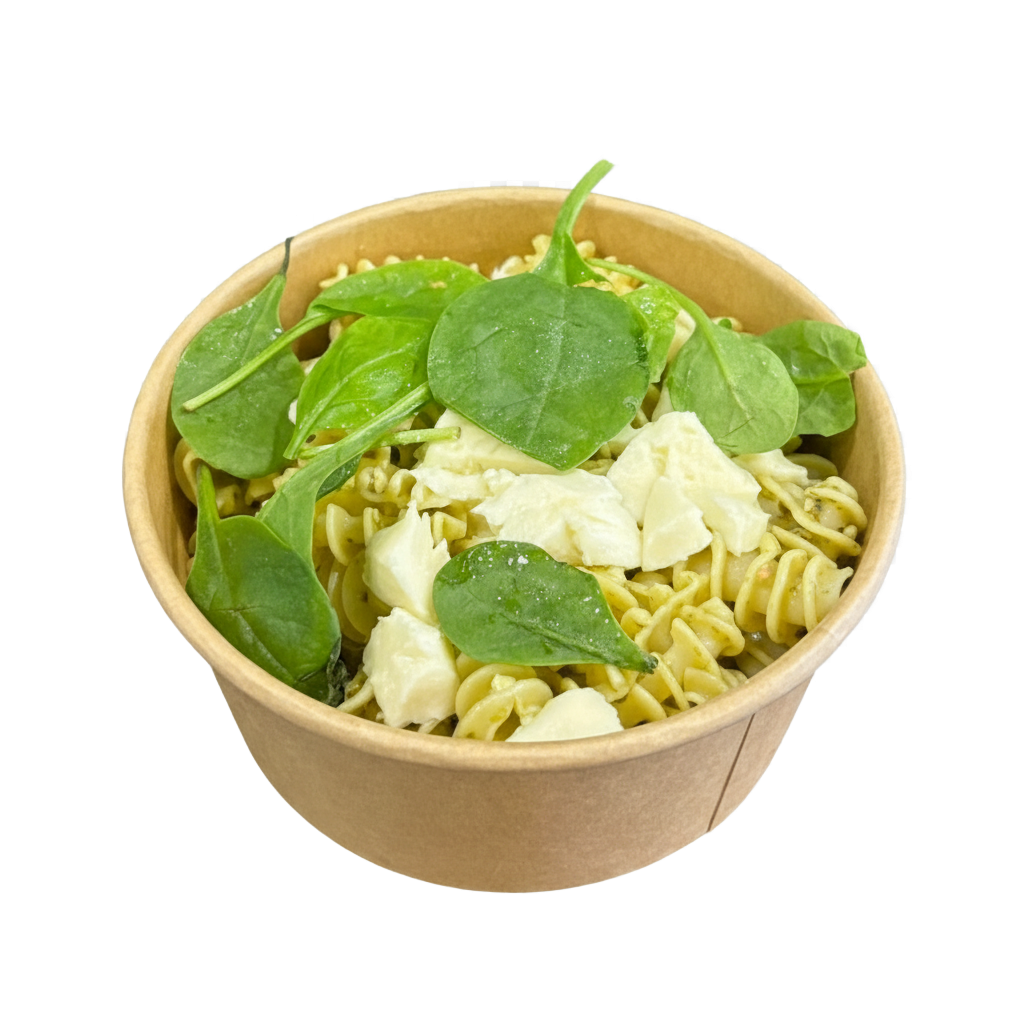 Salade de pâtes et pousses d'épinard.