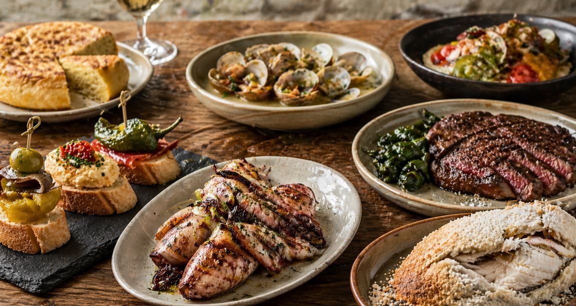 Variedad de platos gourmet sobre una mesa rústica, que incluyen carne a la parrilla, mariscos, pan y aperitivos.