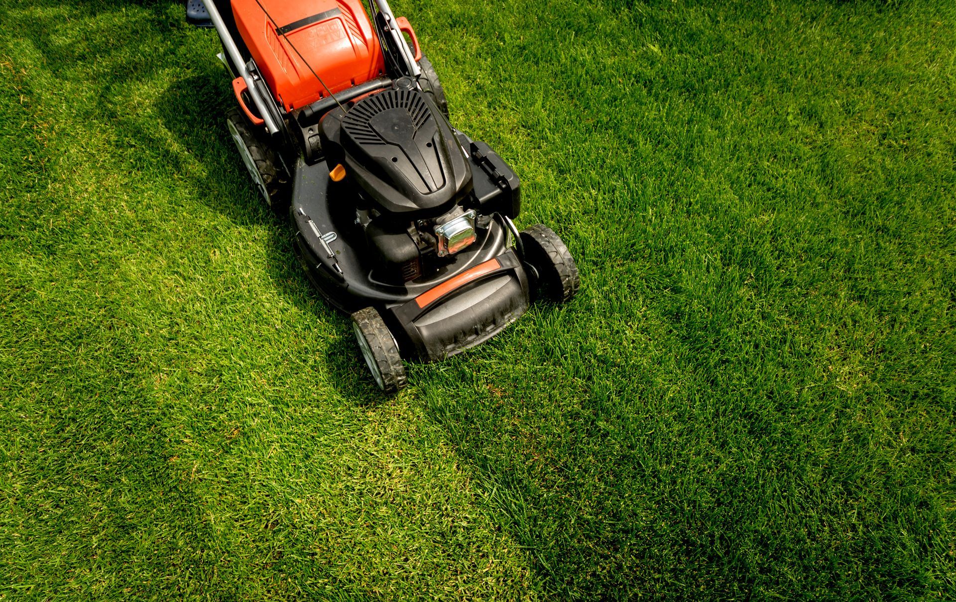 Tondeuse à gazon orange et noire sur une pelouse.