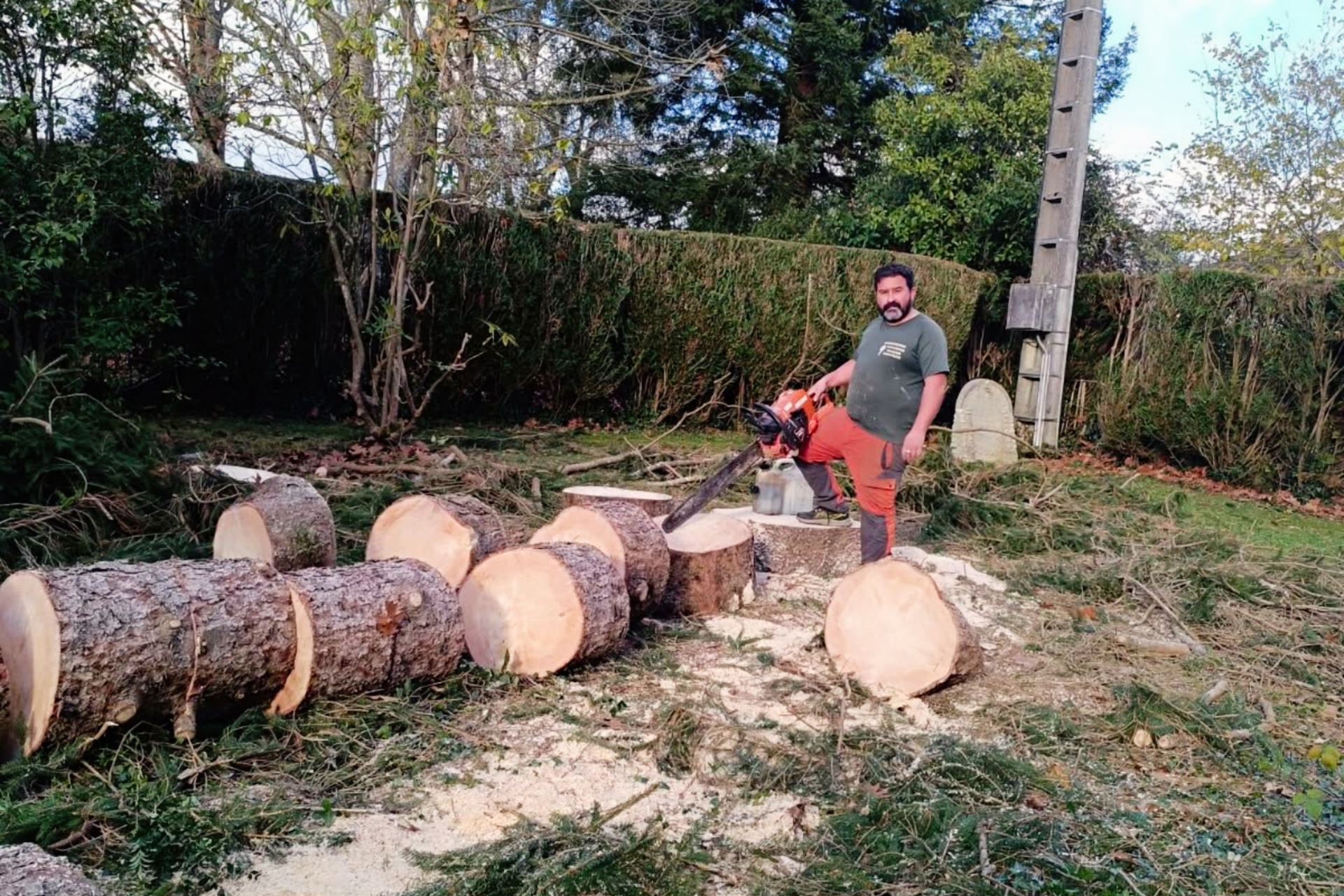Un homme utilise une tronçonneuse pour couper un tronc.