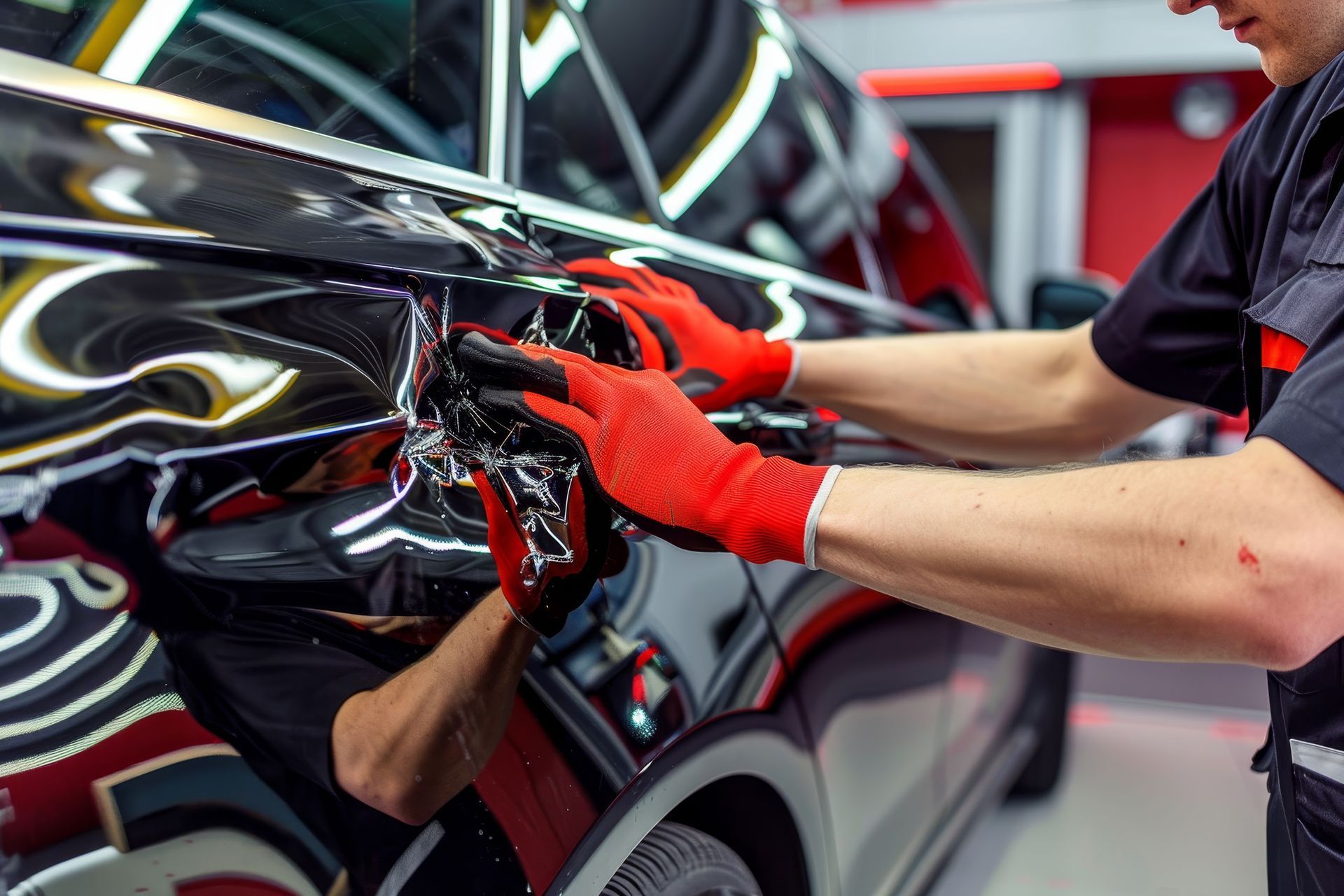 Dans un magasin, une personne portant des gants rouges applique un film protecteur sur une poignée de portière de voiture noire brillante.