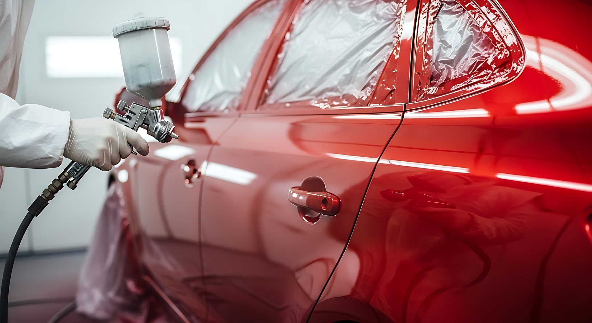 Personne appliquant de la peinture rouge sur une voiture, détail de la portière latérale.