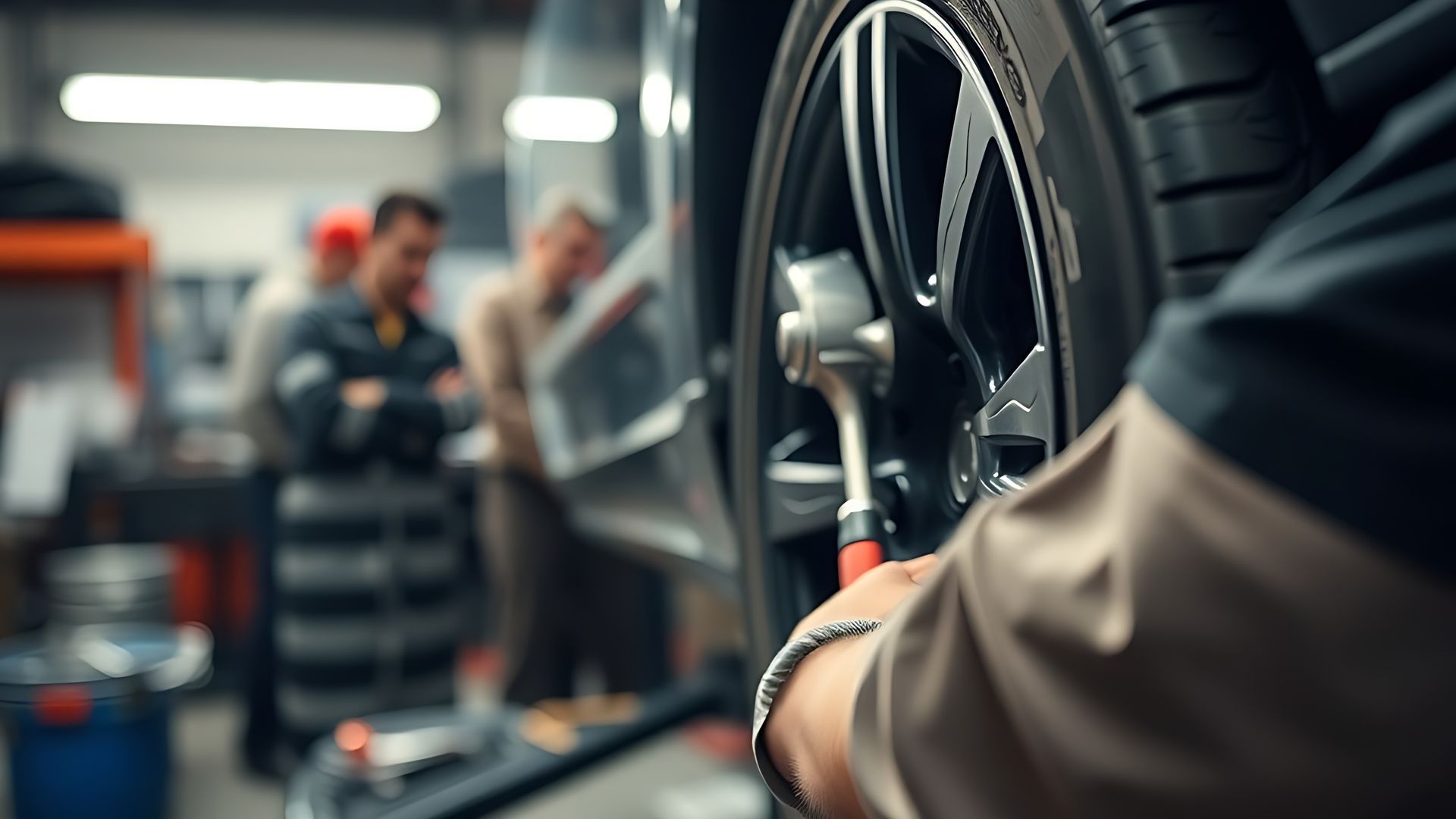 Un mécanicien serre une roue de voiture dans un atelier de réparation ; silhouettes floues en arrière-plan.