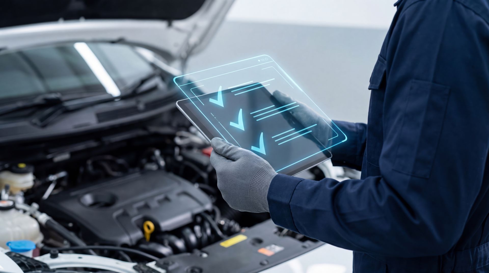 Un mécanicien utilise une tablette pour inspecter le moteur d'une voiture, en vérifiant les éléments d'une liste de contrôle numérique.
