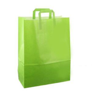 Eine grüne Papiertüte mit Griff auf weißem Hintergrund.