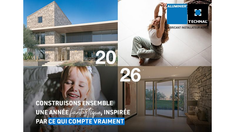 Collage représentant une maison moderne, une femme qui s'étire, un enfant qui sourit et une porte vitrée. « 2026 » est affiché. Texte : « Construisons ensemble… »
