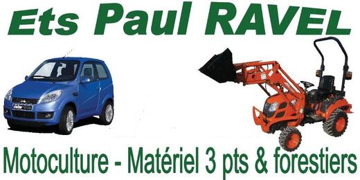 Logo for &ldquo;Ets Paul RAVEL&rdquo; with blue car, orange tractor, and text &ldquo;Motoculture - Mat&eacute;riel 3 pts & forestiers&rdquo;