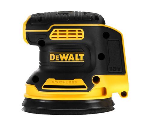 Ponceuse orbitale sans fil DEWALT 18V noire et jaune sur fond blanc