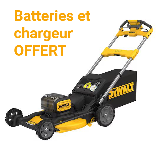 Tondeuse à gazon sans fil DeWalt avec batterie et chargeur, jaune et noire, sur fond blanc, texte « Batteries et chargeur OFFERT »
