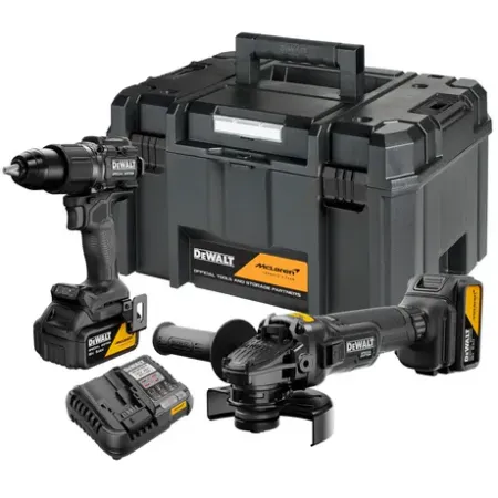 Kit d'outils électriques DeWalt comprenant une perceuse, une meuleuse, une batterie, un chargeur et une mallette de transport sur fond blanc.