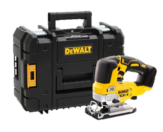 Boîte à outils DEWALT noire avec scie sauteuse jaune à l'avant