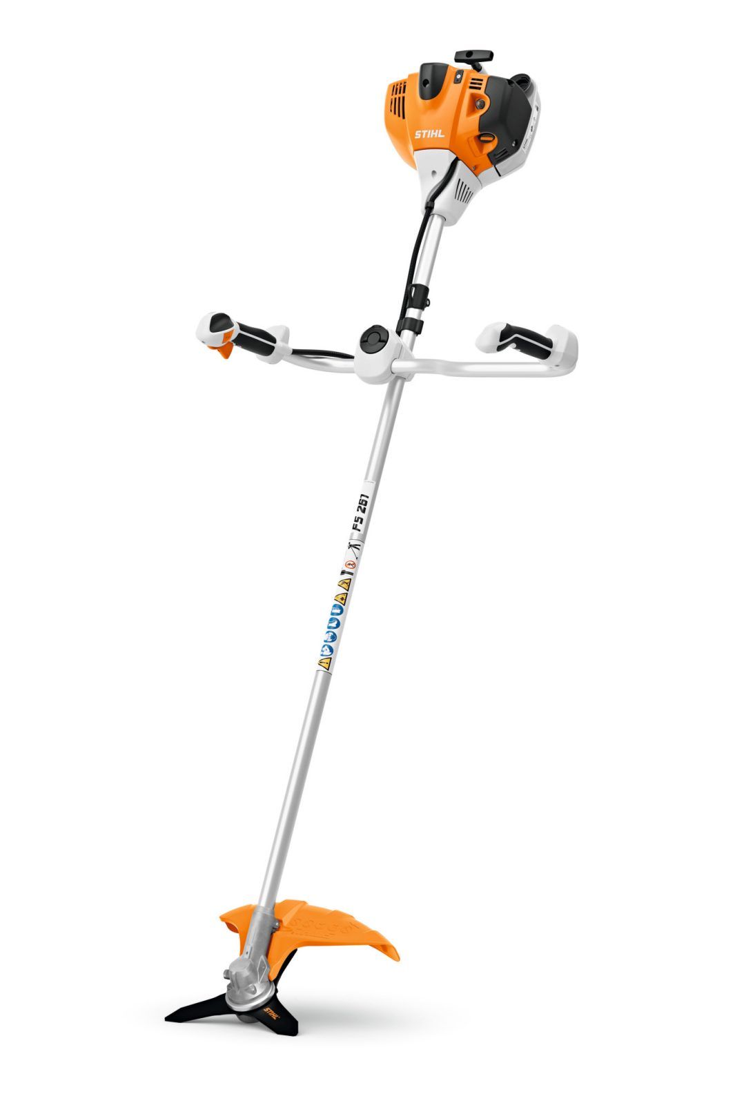 Coupe-broussailles orange et blanc avec l'inscription rouge « EPUISE » en travers.