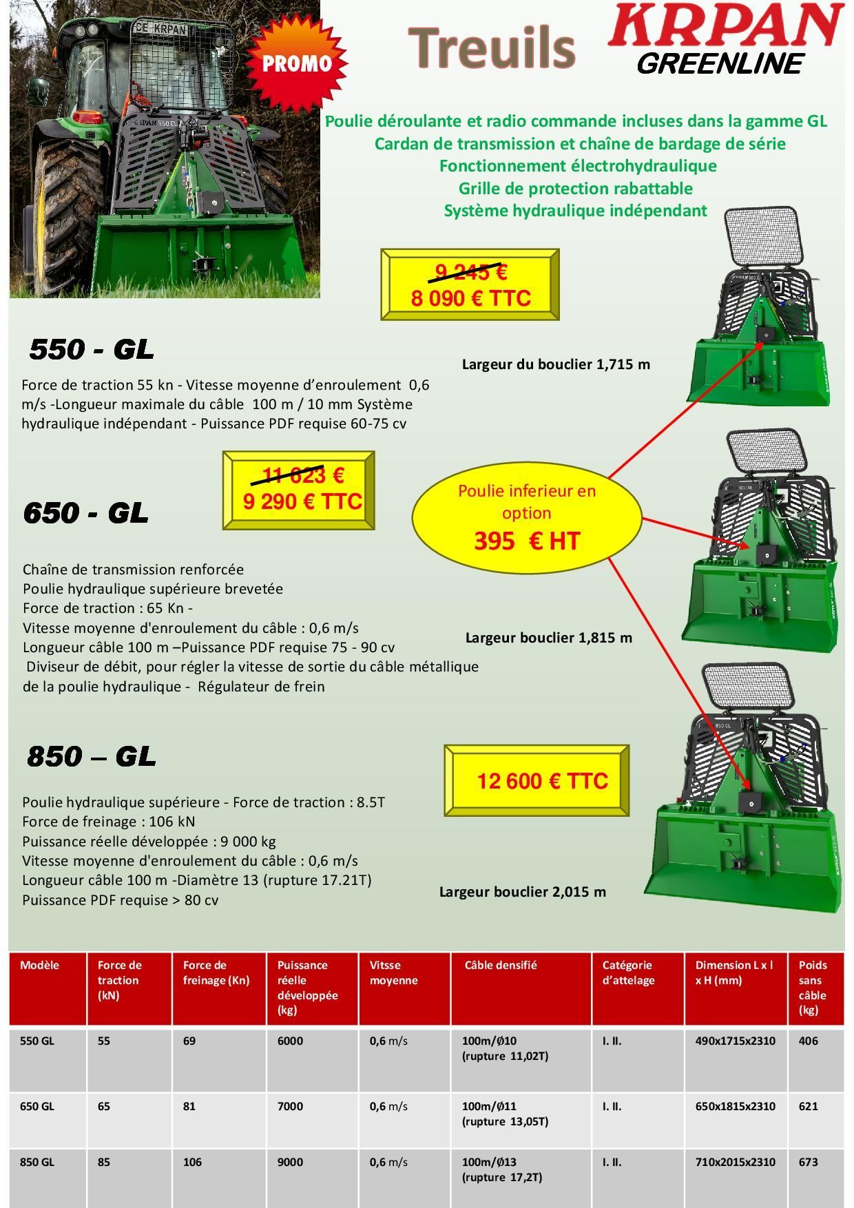 Dépliant produit Krpan Treuils avec treuils verts, prix, spécifications et tableau de bas de page rouge
