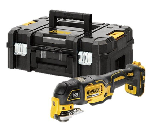 Coffret à outils DeWalt noir et scie oscillante sans fil jaune sur fond blanc