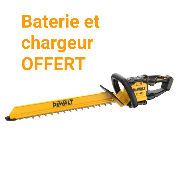 Scie à chaîne jaune DeWalt avec texte « Batterie et chargeur OFFERT »