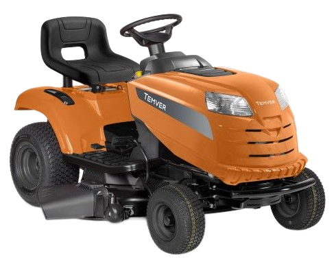 Tondeuse autoportée orange avec siège et volant noirs, sur fond blanc