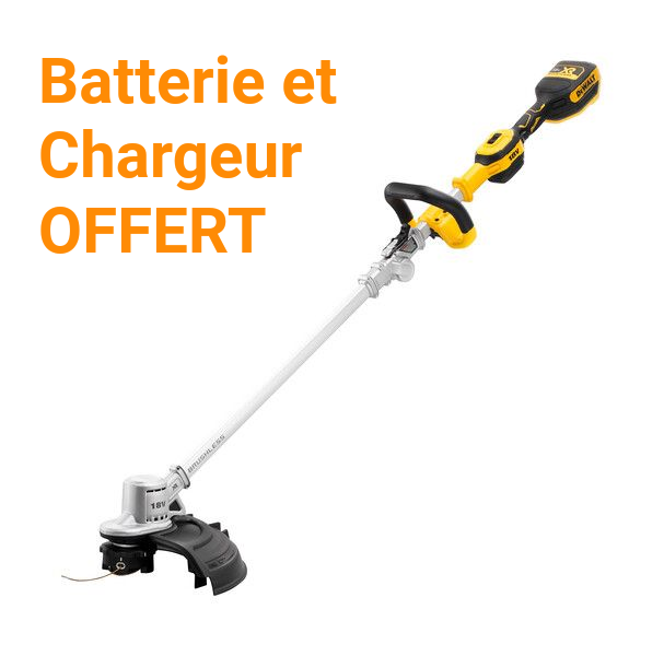 Coupe-bordures sans fil noir et jaune avec l'inscription « Batterie et Chargeur OFFERT »