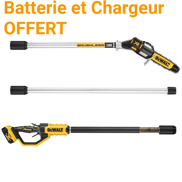 Offre spéciale DEWALT : coffret d'outils avec batterie et chargeur, comprenant trois perches télescopiques noires et jaunes.