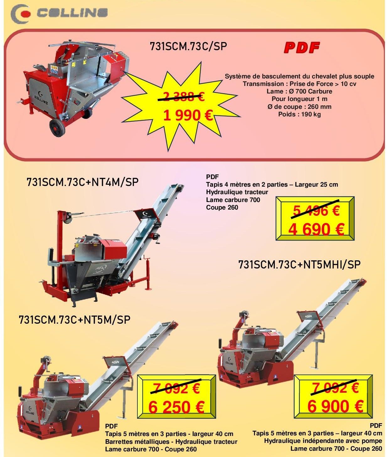 Dépliant publicitaire français pour des outils électriques et du matériel de jardinage, présentant plusieurs outils jaunes et noirs avec leurs prix en TTC