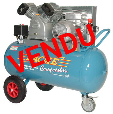 Compresseur d'air portable bleu sur roues avec deux moteurs et un réservoir, portant l'inscription LACME Compresseur.