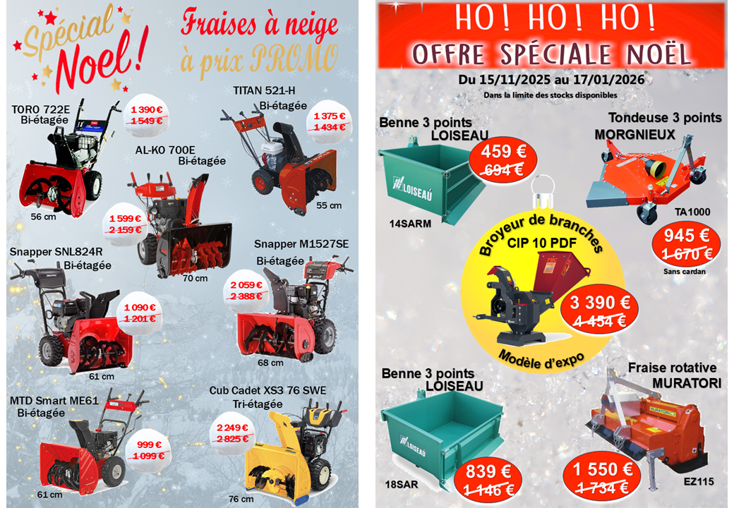 fraise à neige, souffleur, bennette, tondeuse 3 points, rota