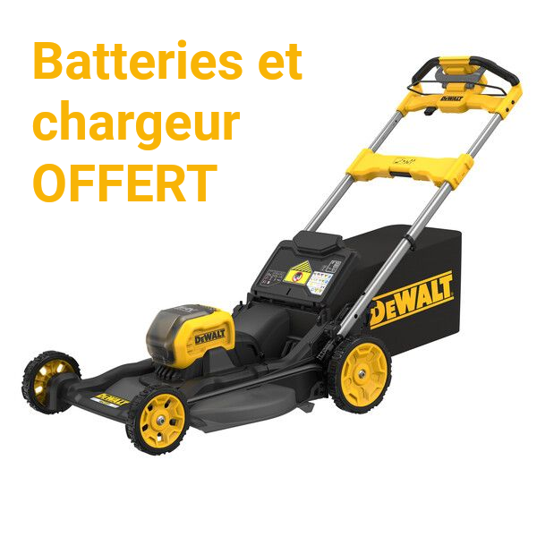 Tondeuse à gazon sans fil DeWalt jaune et noire avec le texte « Batteries et chargeur OFFERT »