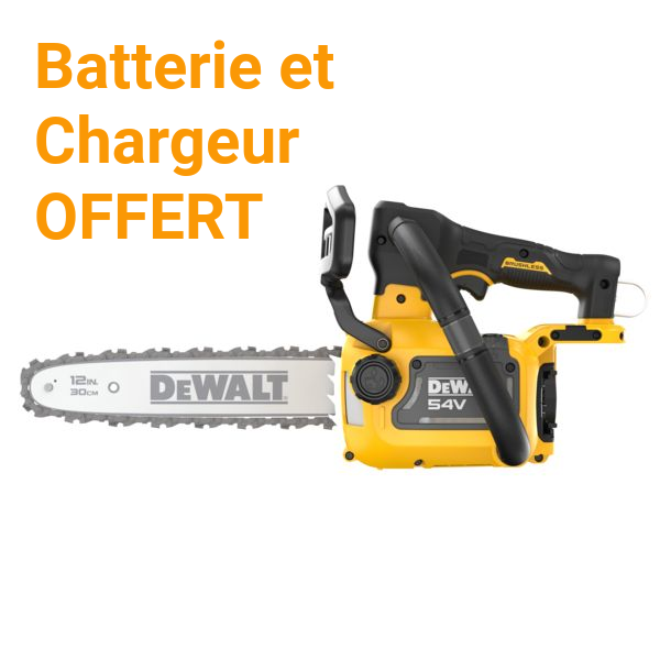 Scie à chaîne DeWalt jaune et noire avec batterie et chargeur offerts, fond blanc