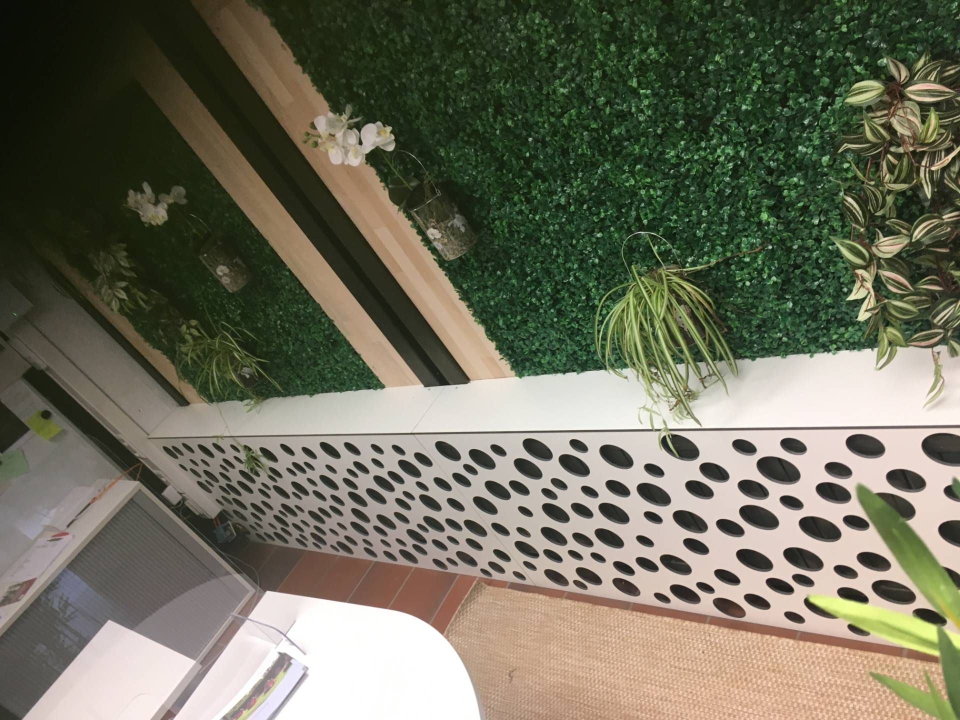 Eine Wand mit vielen Pflanzen und Blumen darauf.