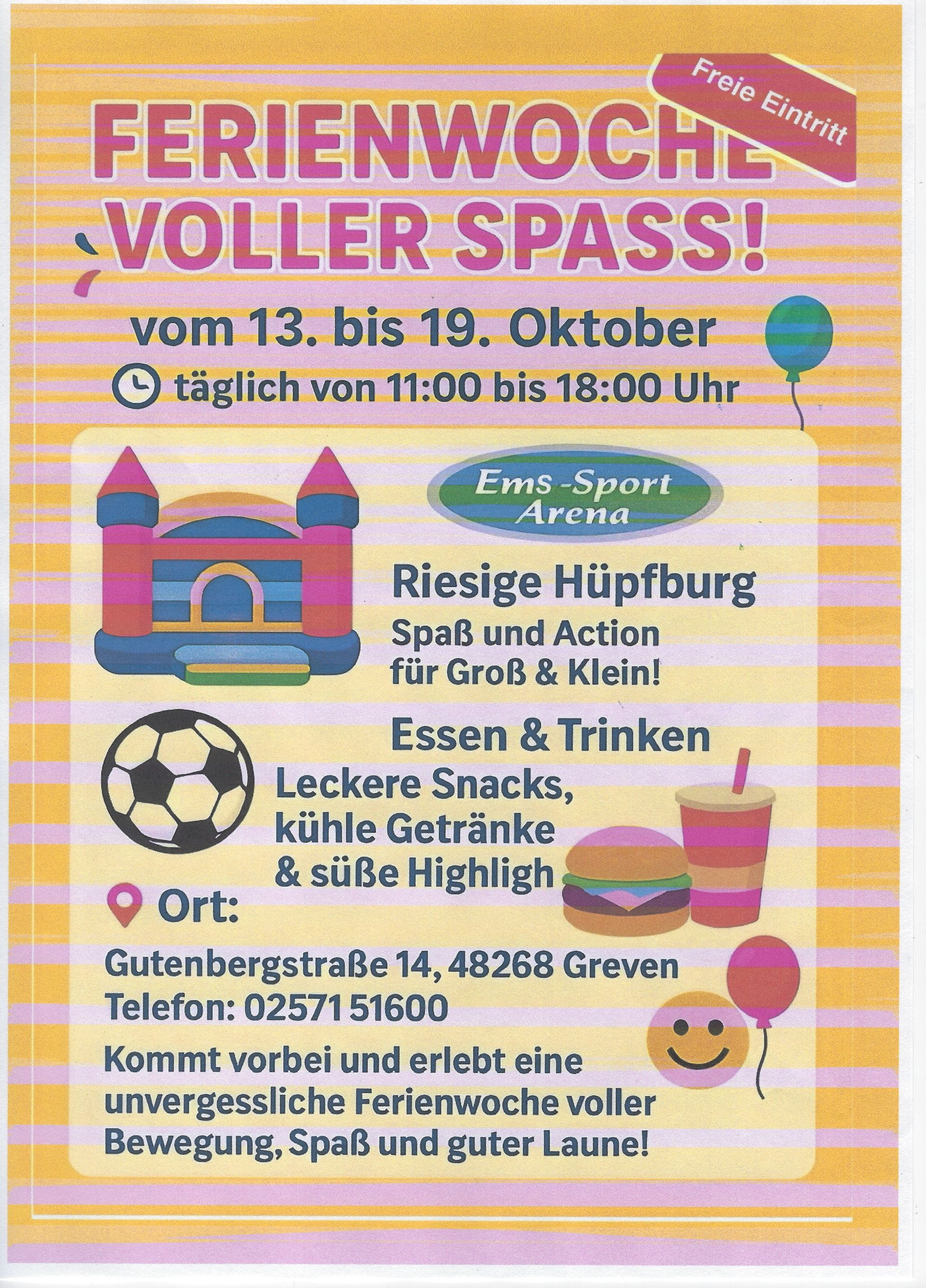 Plakat für eine Ferienwoche mit abwechslungsreichen Aktivitäten, darunter eine Hüpfburg und Essen, in der Em2 Sport Arena in Greven.