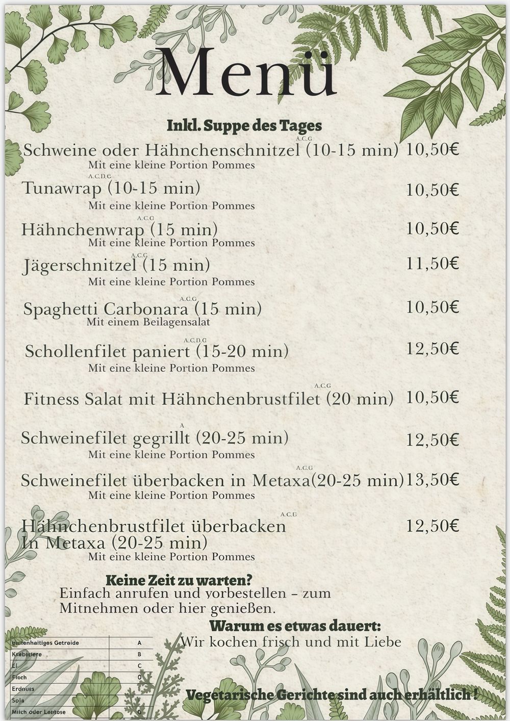 Speisekarte mit handgeschriebenem Text und grünen botanischen Illustrationen.