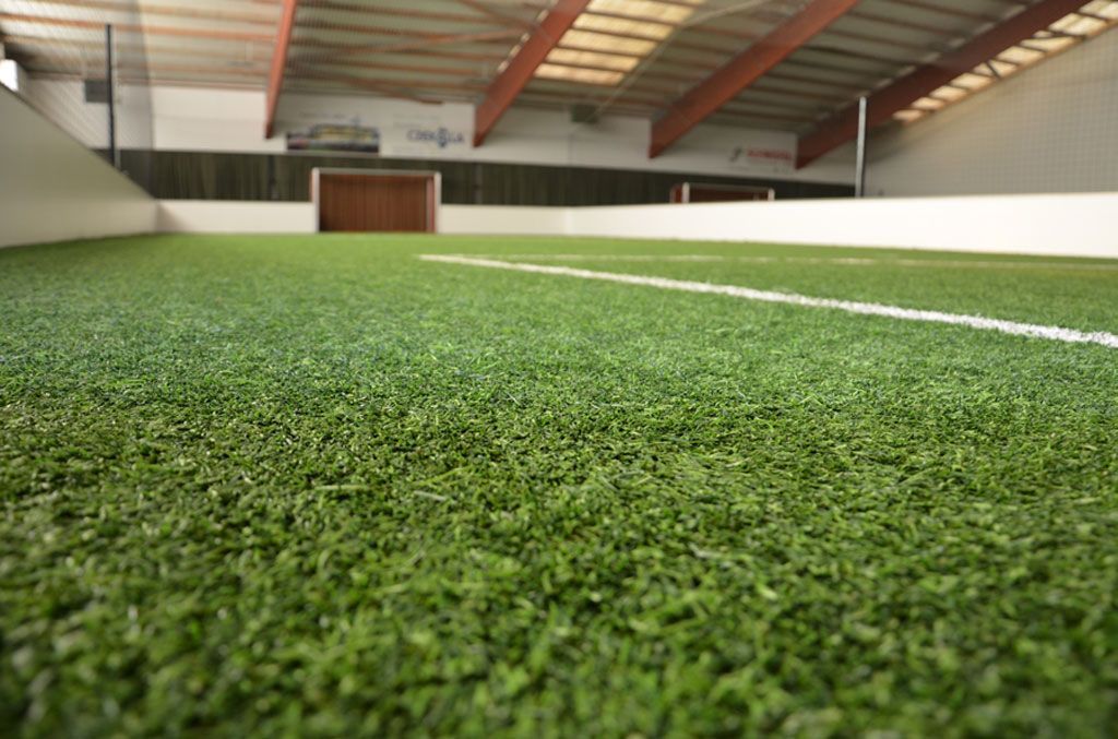 Ein Fußballfeld mit einem Tor im Hintergrund