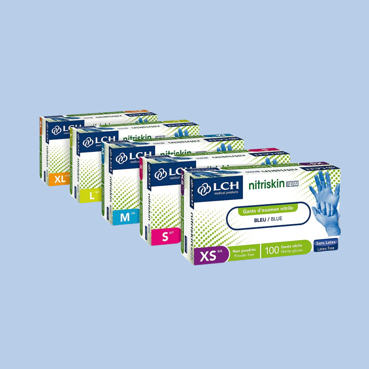 Boîtes de gants de différentes tailles : XL, L, M, S et XS sur fond bleu.