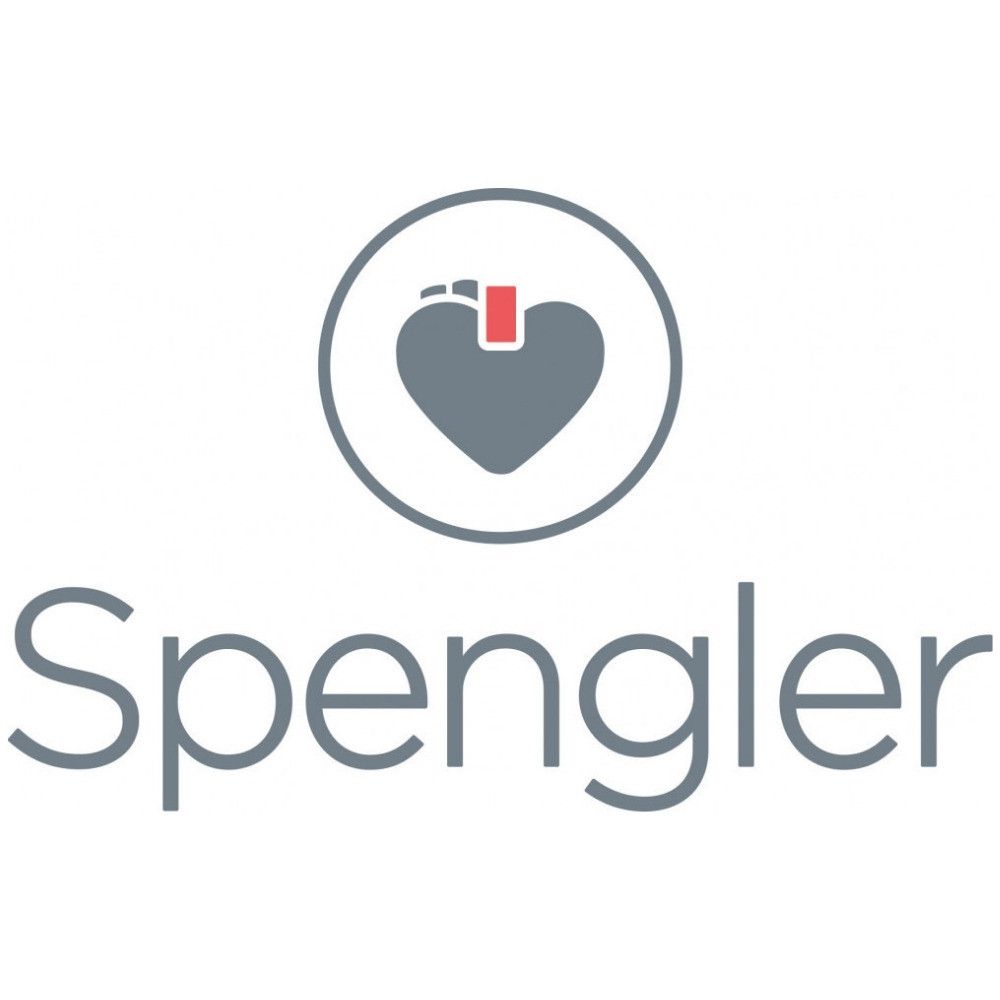 Logo Spengler : icône en forme de cœur gris avec un haut rouge dans un cercle gris, sous le mot « Spengler » en gris.